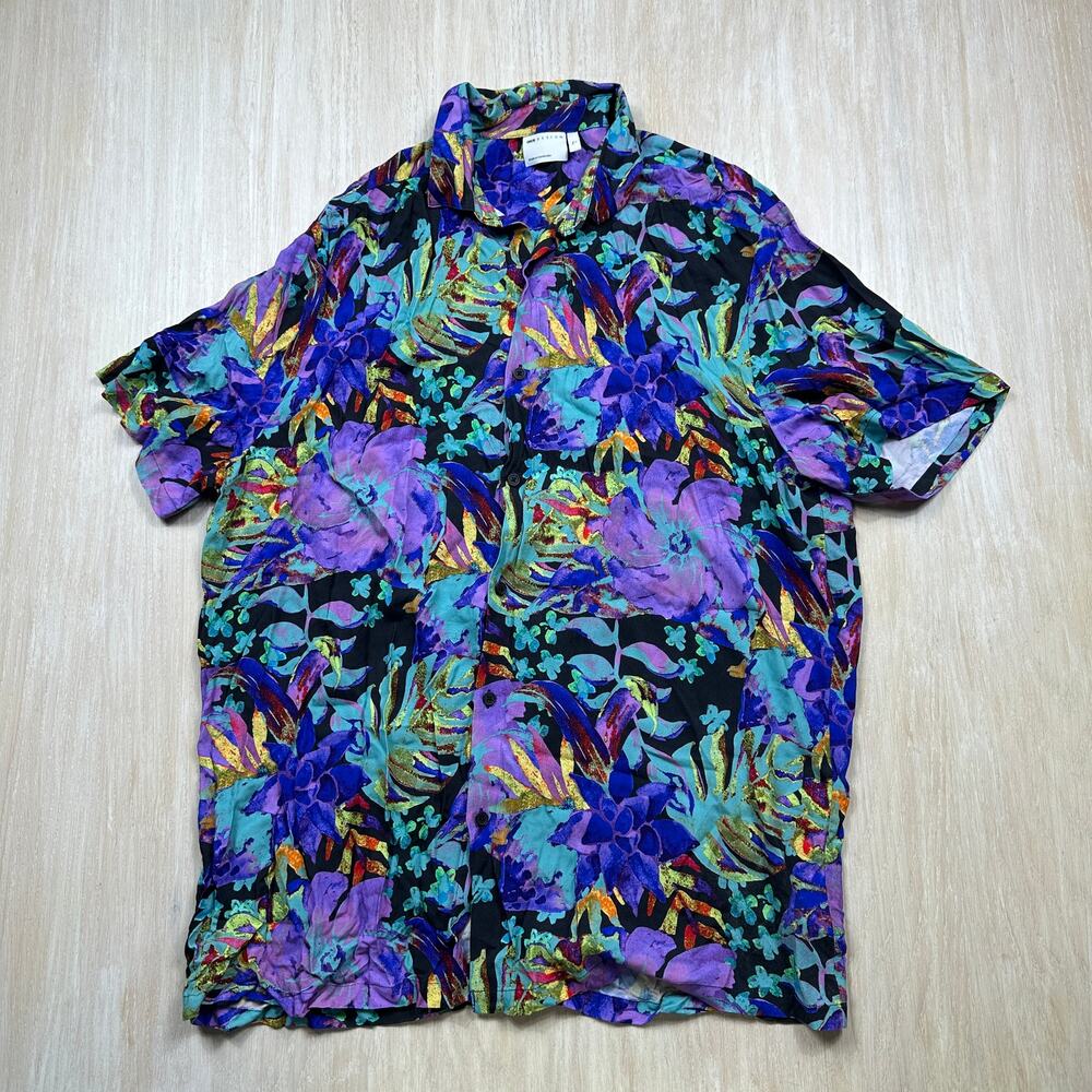 ASOS Design Black Purple Tropical Floral Vacation Festival Button Shirt XL